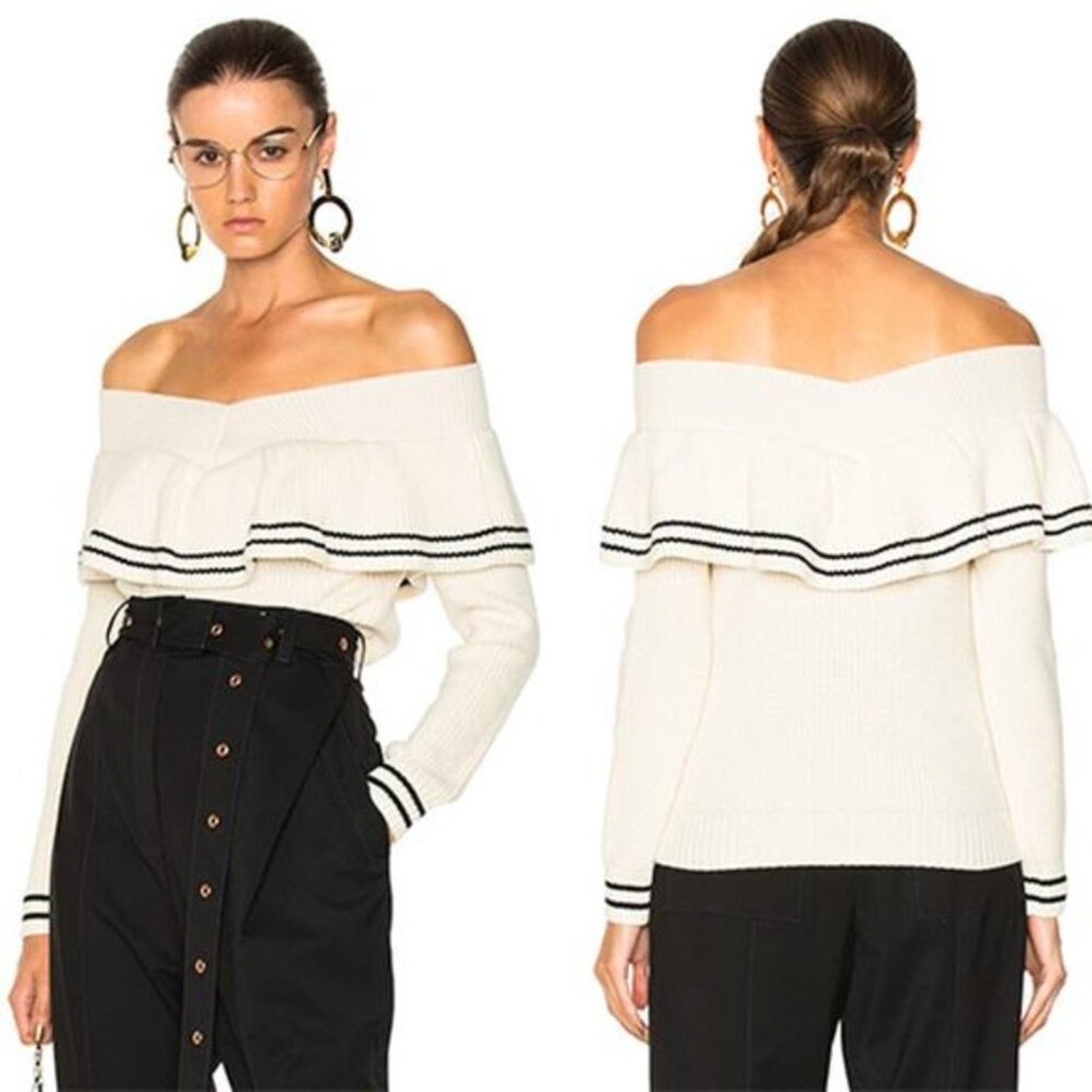 Nwt Self-Portrait Striped Off Shoulder Ribbed Ruffled Cream Long Sleeve Sweater